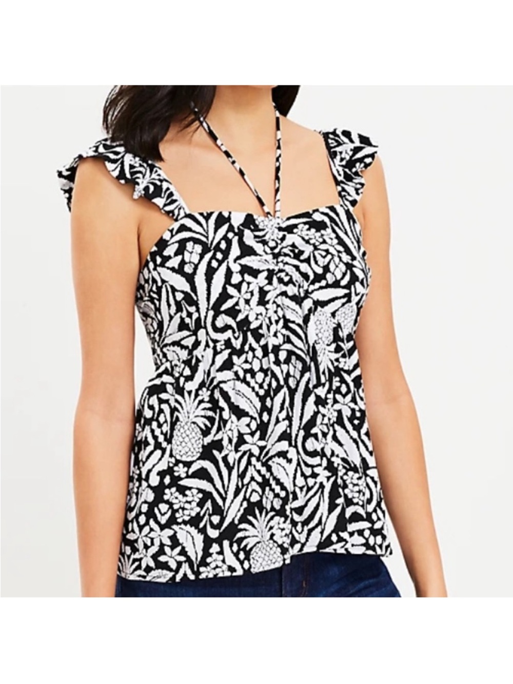 🆕 Loft black and white pineapple ruffle tie neck sleeveless blouse